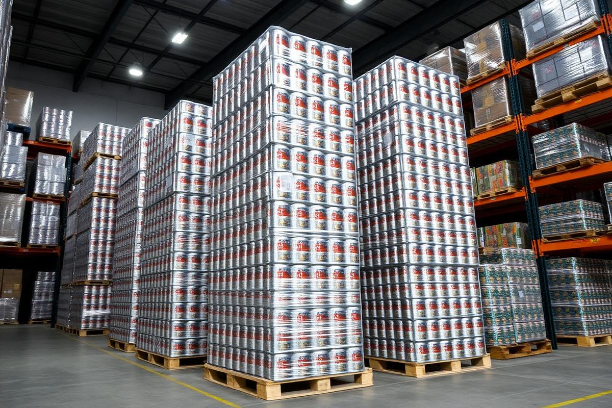 Pallets of canned soft drinks in a distribution warehouse
