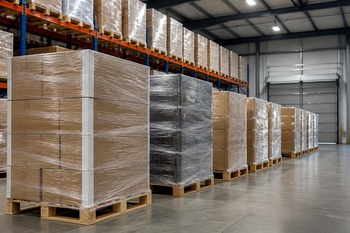 Shrink-wrapped palletised goods staged for outbound despatch